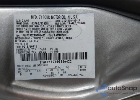 2004 Ford Taurus Ses из США, поврежденный, VIN 1FAFP55SX4G186422